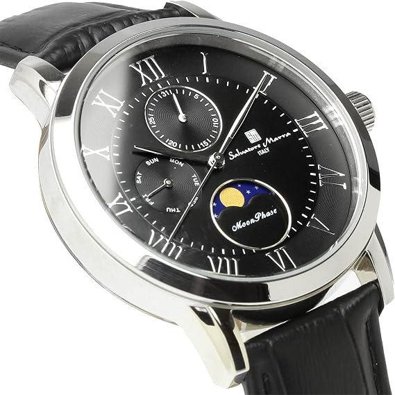 Salvatore Marra Moonphase Multi-Calendar Watch, 5 ATM Waterproof, Business, Formal, Men's Leather Belt, Exclusive Model, Silver, Black SM21106-SSBK