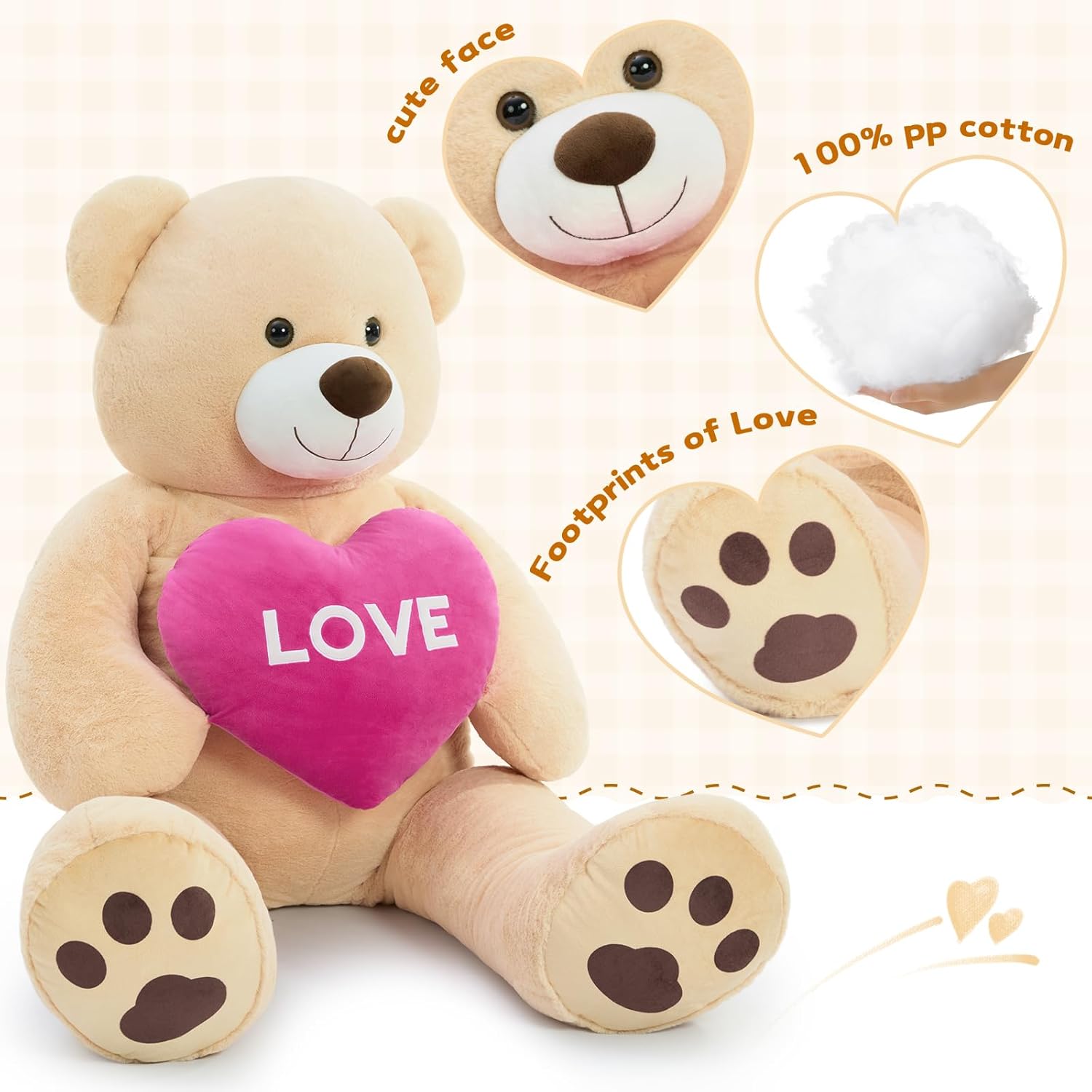 Giant Teddy Bear Plush 6ft, Extra Large Valentines Tan Teddy Bear Stuffed Animal with Red Heart, Life Size Love Stuffed Bear Plushie as Birthday Gift for Girlfriend Wife, Baby Shower Decor