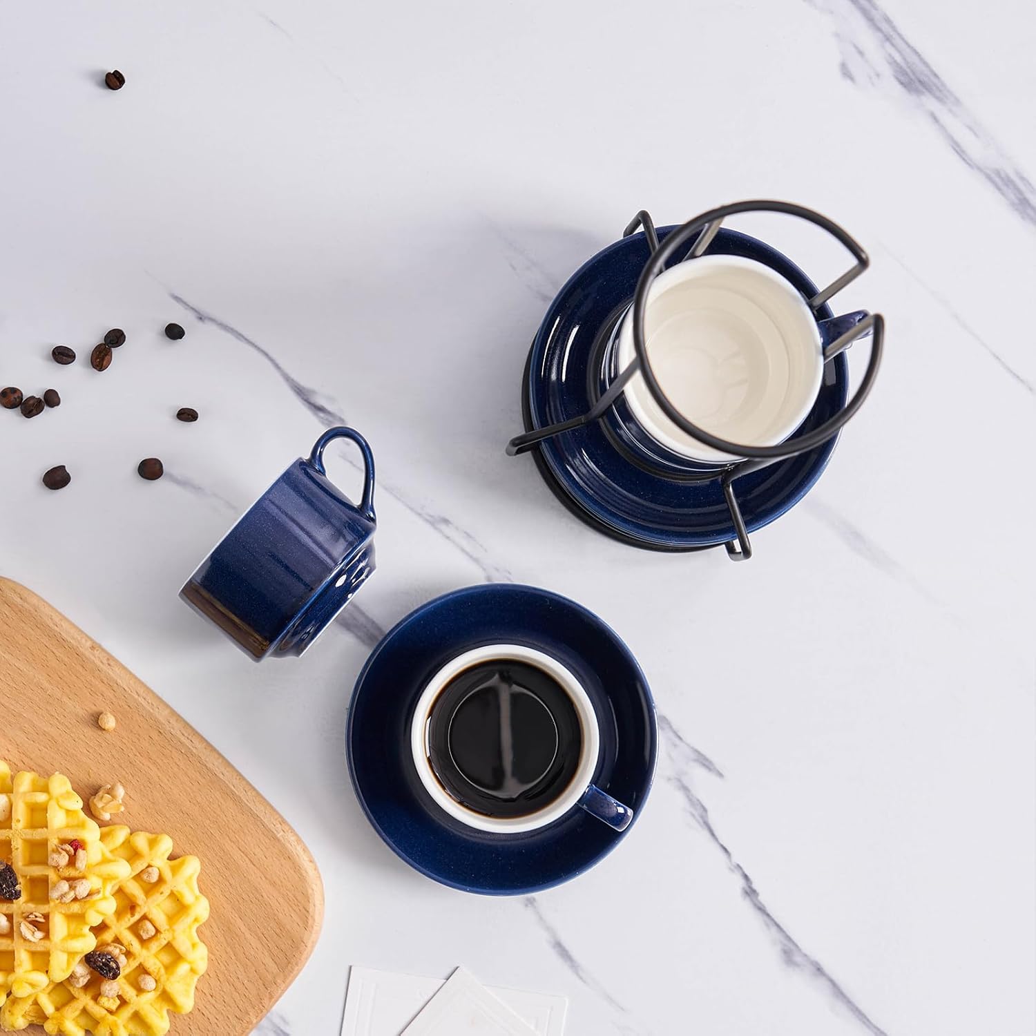 YOLIFE 2.5oz Espresso Cups Set of 4, Porcelain Stackable Espresso Cups with Saucers and Metal Stand, Expresso Shots Cup-Blue