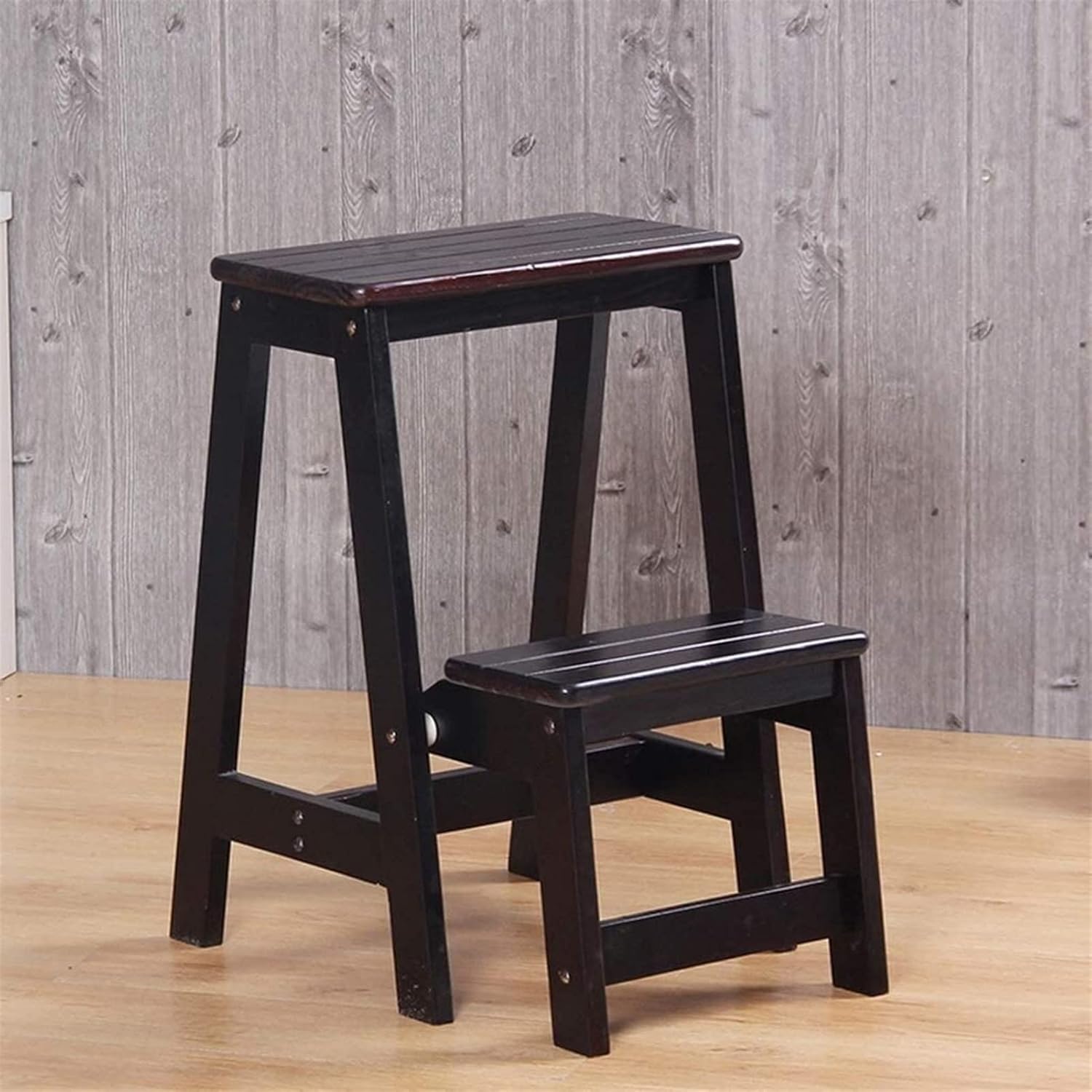 Folding Ladder Stool, Two Step Ladder Multi-Function Ladder Labor Saving Outdoor Kitchen Stepladder Living Room Wooden Ladder Stepladder (Color : Black)