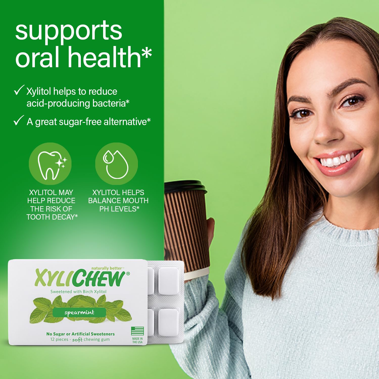 Xylichew Xylitol Gum - Chewing Gum Sugar Free, Aspartame Free, Gluten Free, Keto - Sugarless, Healthy, Natural Oral Care - Relieves Bad Breath and Dry Mouth - Spearmint, 288 Count