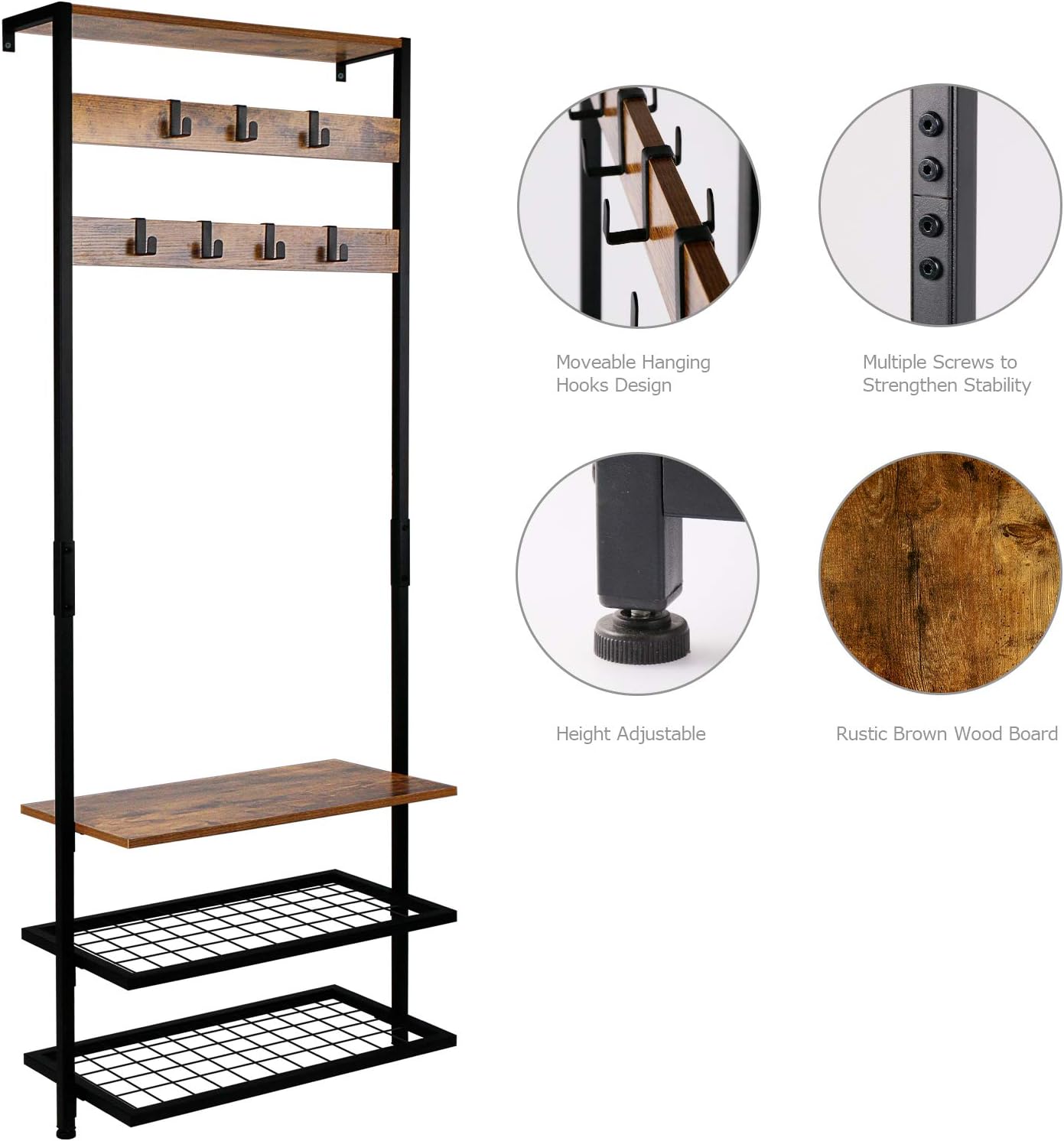 Leopard Hall Tree, Entryway Coat Rack, Against the Wall Narrow Hall Trees with Shoe Racks, Storage Shelf Organizer, Accent Furniture with Metal Frame, Rustic Brown