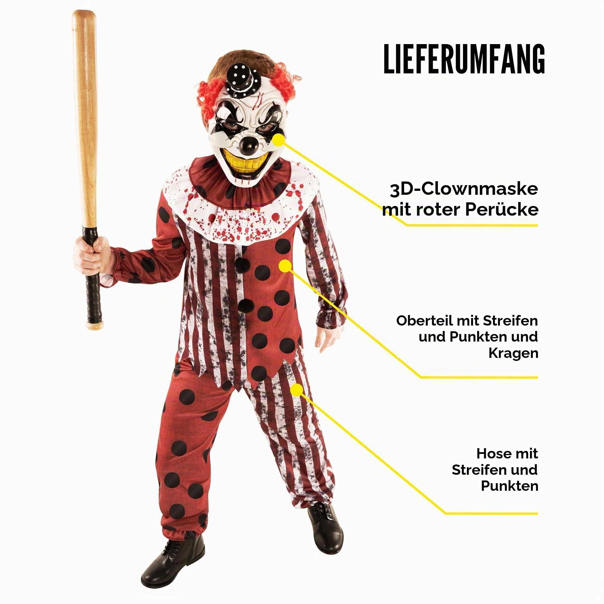 Morph Clown Kostüme für Kinder, Halloween Kostüm Kinder Clown, Horrorclownkostüm Kinder, Kinder Kostüm Clown, Clown Kostüm Jungen in 5 Größen (3-4 Jahre, S, M, L, XL)