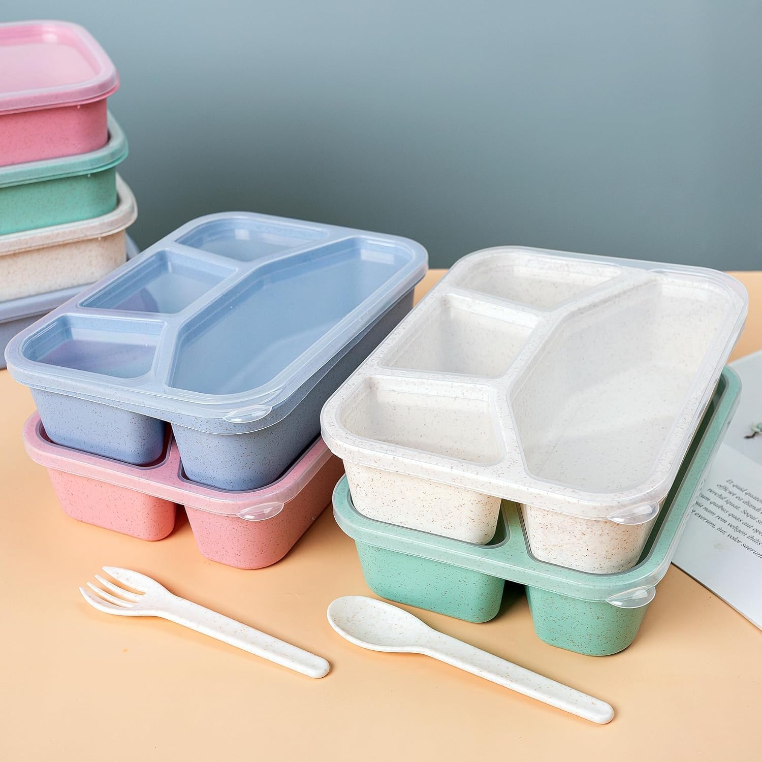 Bento Box z 4 przegródkami, bezpieczny pojemnik na żywność dla dzieci, dorosłych, idealny do szkoły, pracy, podróży (biały, różowy, niebieski, zielony)