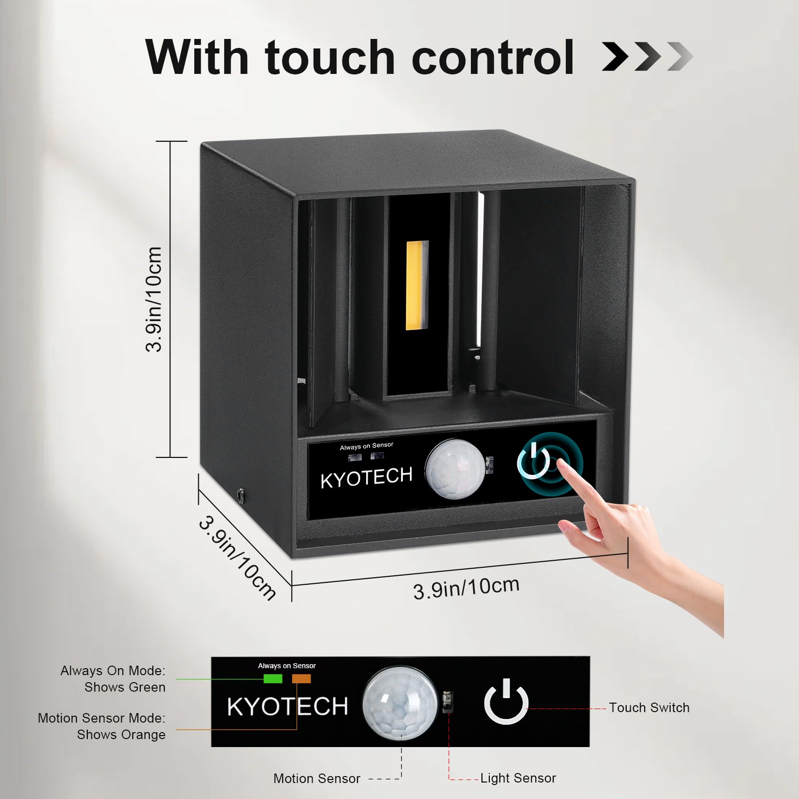 KYOTECH 2 Pièce Applique Murale avec Détecteur de Mouvement 12W Éclairage Mural Etanche IP65 1320LM Noir Angle de Faisceau Réglable Wandlampe Interieur/Exterieur,Murale avec Contrôle Tactile