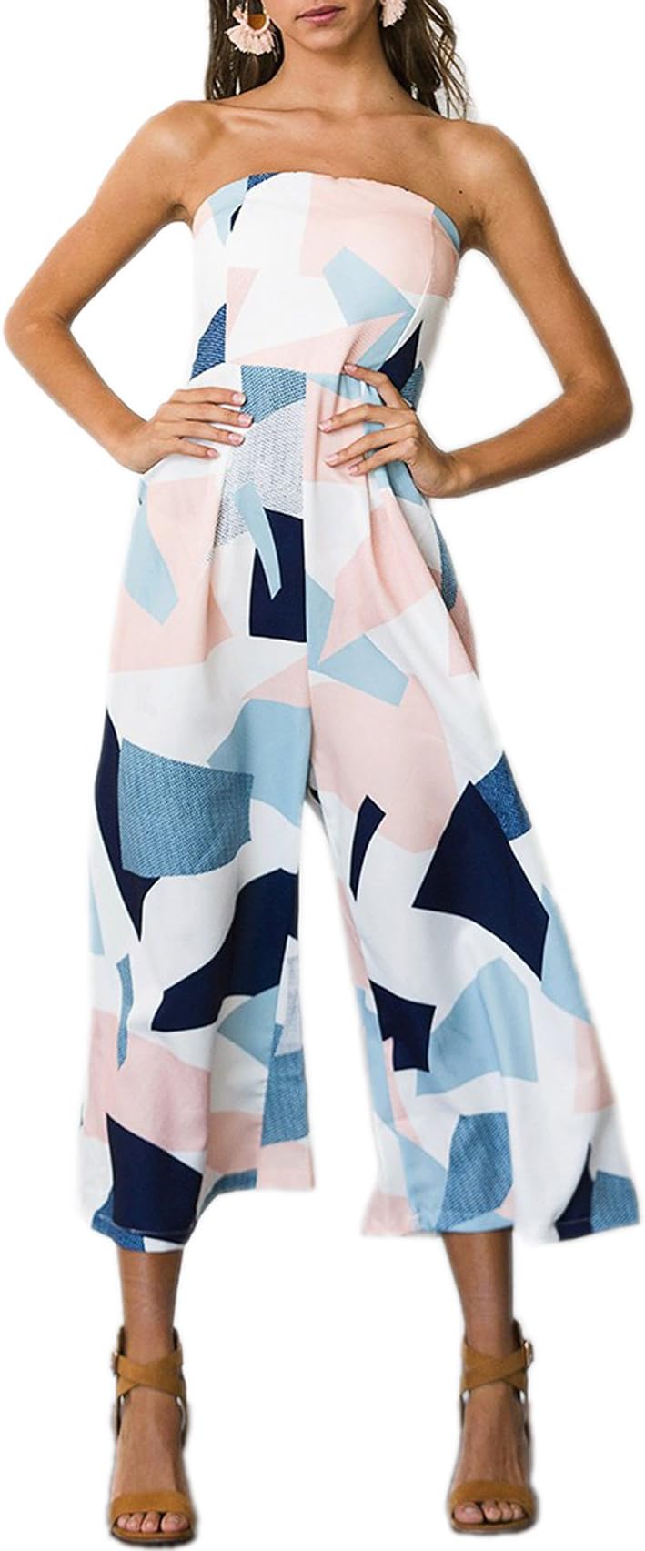 Women's Summer Strapless Printed Tube Top Outfits Wide Leg Romper Jumpsuit