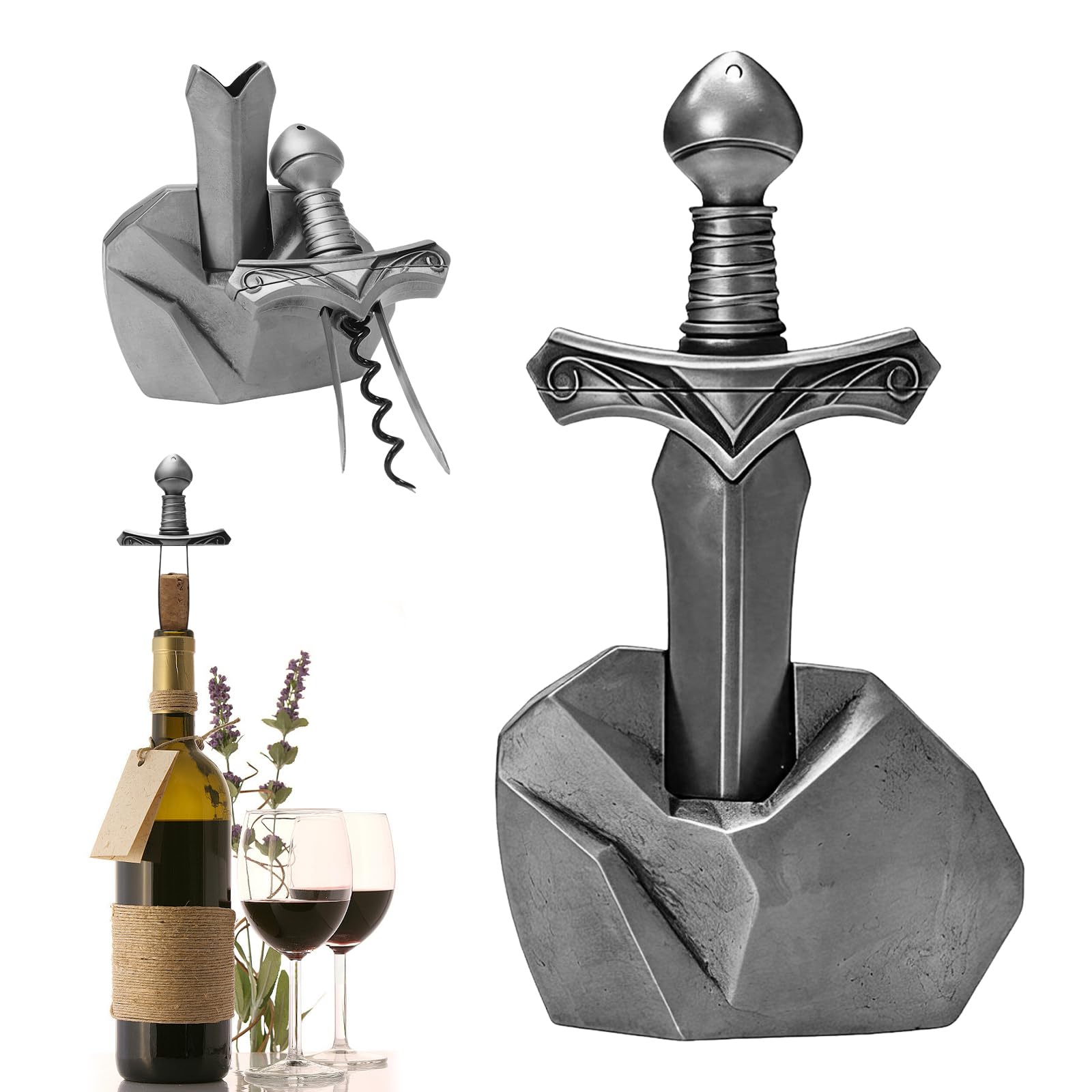 Set apribottiglie design a spada, supporto robusto, delicato su vini vintage e vecchi. 3 in 1 con apribottiglie e tappo richiudibile, perfetto regalo vino in confezione regalo