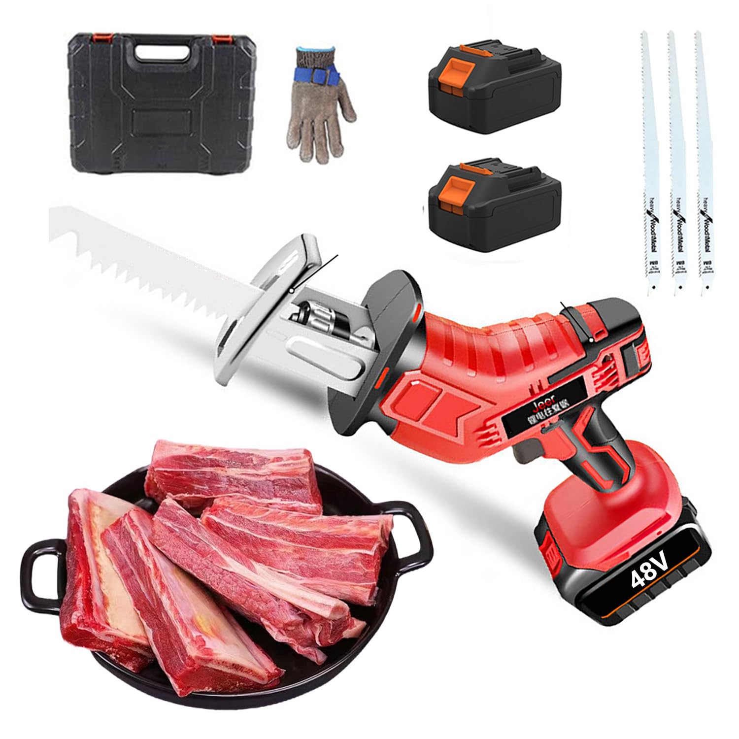 Sega elettrica da macellaio per carne e ossa - Sega alternativa in acciaio inossidabile con 2 batterie + 3 lame per sega, per bistecche, cosce di pollo, braciole di maiale, lische di pesce