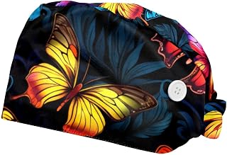 2 Packs Gourd Shaped Working Cap with Buttons Sweatband Butterfly Pattern Scrub Cap for Women Men