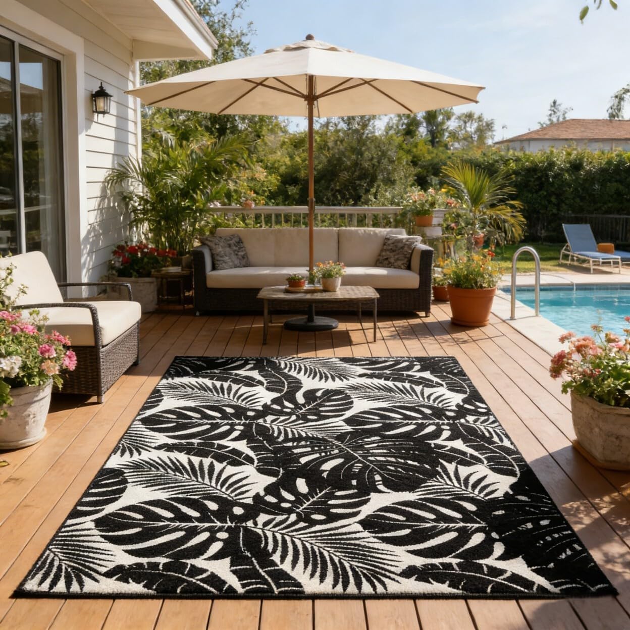 Vintage Abstract Aesthetics Black and White Rug 3x5 Monstera Palm Tree Tropical Rugs for Living Room Patio Porch Deck Camping Front Yard Outdoor Rug Non Shedding Easy Clean Balcony Carpets