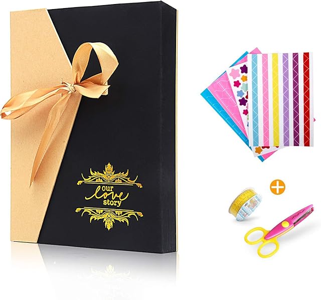 QIF Scrapbook Photo Album 60 Pages Handmade DIY Album, Black Page 10 x 7 inch A4 Craft Paper with 8 Metalic Marker Pens for Memory Book Wedding Guest Book, Anniversary Valentines Day Gifts
