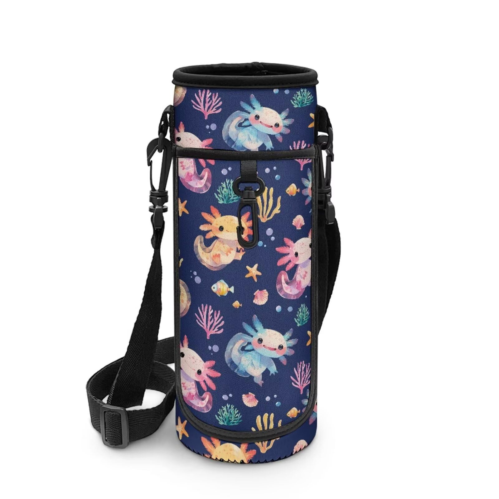 POLERO Axolotl Water Bottle Bag with Shoulder Strap Cute Girls School Water Bottle Holder for Walking Camping Hiking