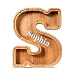 Summidate Customized Name Large Wooden Piggy Bank for Kids Boys Girls Alphabets Letter A-Z Coins Bills Money Change Bank Box Initial on Clear Cover (Laser Engraved) (Alphabet-S, Personalized-9)