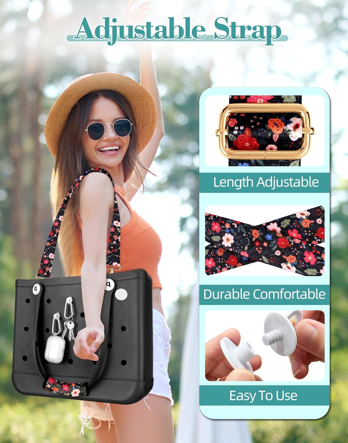 Bag Strap Crossbody for Bogg Bag Accessories - Charms Shoulder Strap Neoprene Luggage Handle Wrap for Suitcase & 2 Key Holders Black Flower - Image 2