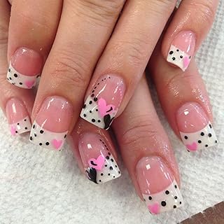 24Pcs Valentines Press on Nails Short Square White French Tip Fake Nails with Pink Heart Spot Designs Acrylic Nails Press ons Glossy Full Cover Glue on Nails Valentines Stick on Nails for Women