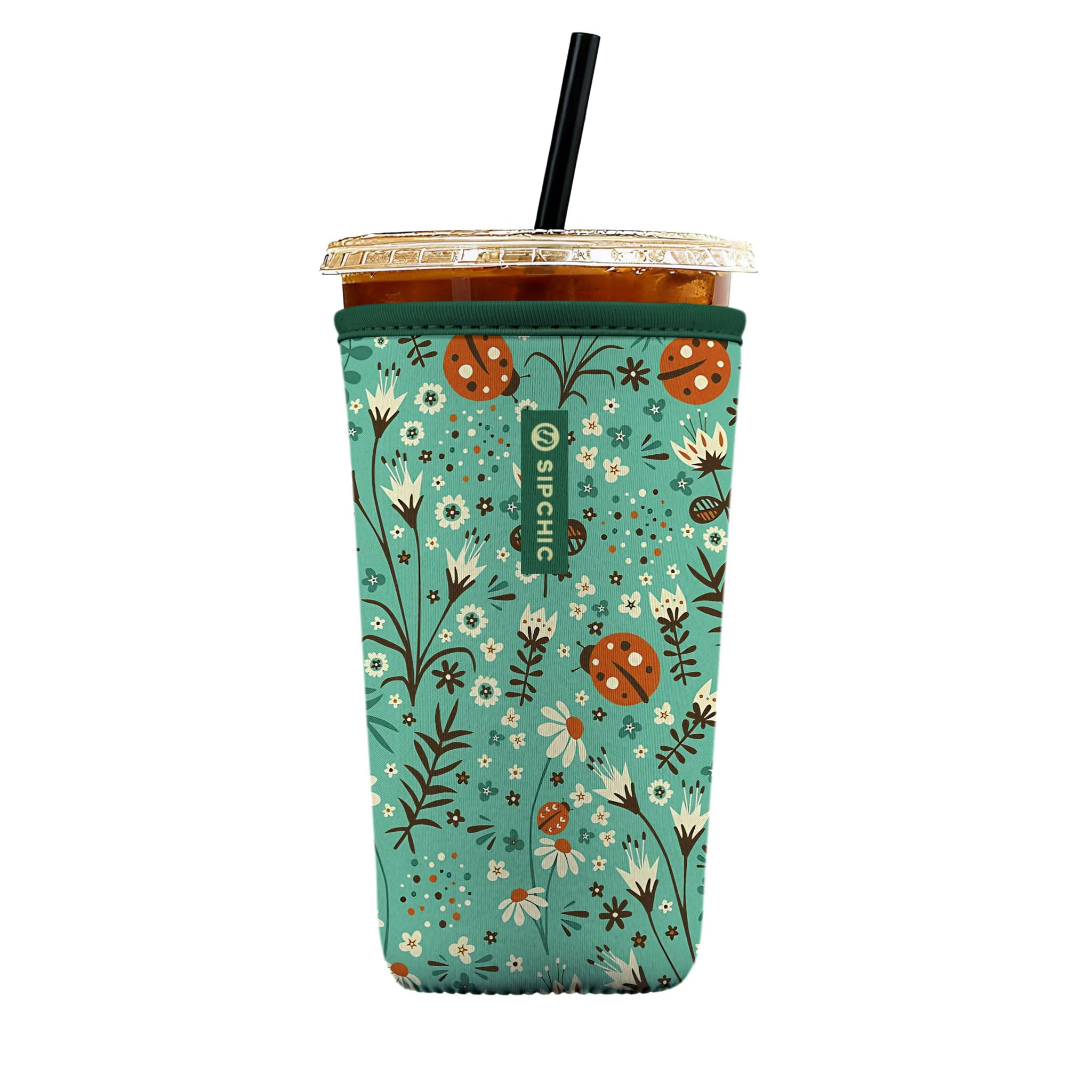 Iced Coffee Sleeve – Neoprene Reusable Cup Sleeves for Drinks, Insulated Drink Sleeves to Keep Hands Dry &amp; Drinks Cold, Stylish &amp; Durable Coffee Sleeves (Ladybug Meadow, Large: 30-32oz)