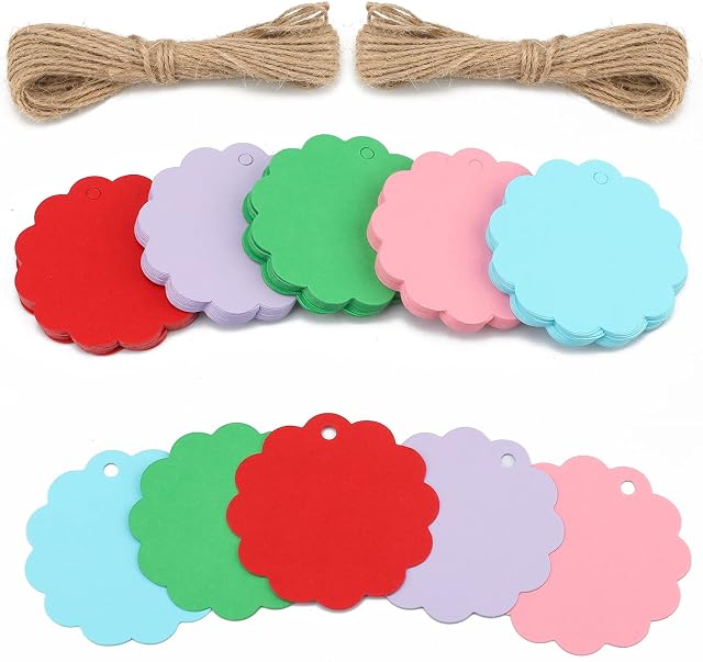 jijAcraft Colourful Gift Tags, 100 Pcs Flower Round Paper Tags with String, 6cm Kraft Tags for Wedding/Party/Baby Shower Favours (5 Colours)