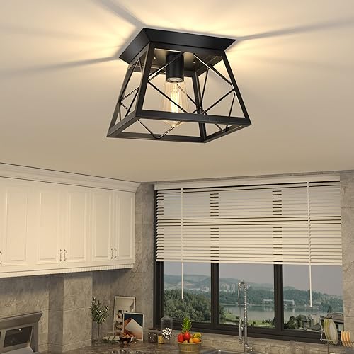 Feanron Farmhouse Kitchen Light Fixtures Ceiling, Industrial Black 1-Light Flush Mount Ceiling Light, Vintage Metal Square Cage Close to Lighting Fixtures Ceiling Mount for Hallway, Bedroom, Entrance