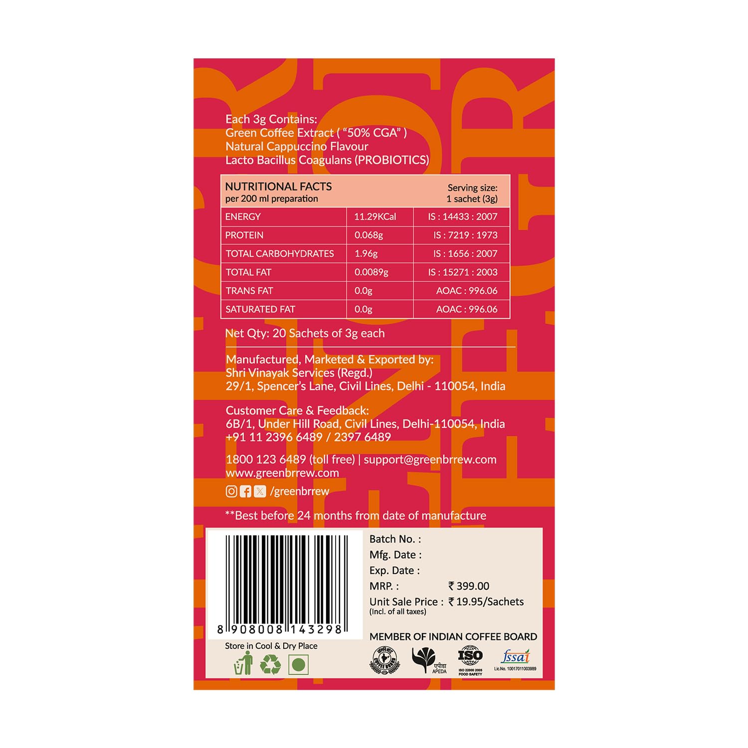 Greenbrrew Cappuccino Instant Green Coffee - 20 Easy Mix Sachets, Pack of 1 (60g)