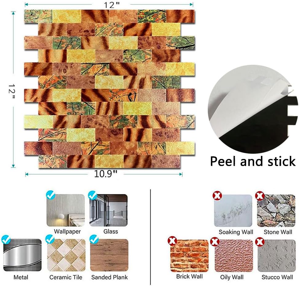 10-Sheet Peel & Stick Waterproof Backsplash, Mosaic Wall Stickers, Non-Slip Heat-Resistant DIY Stickers, Easy to Cut, Used for Shower/Bathroom/Kitchen Cabinets (Pattern Mixing)