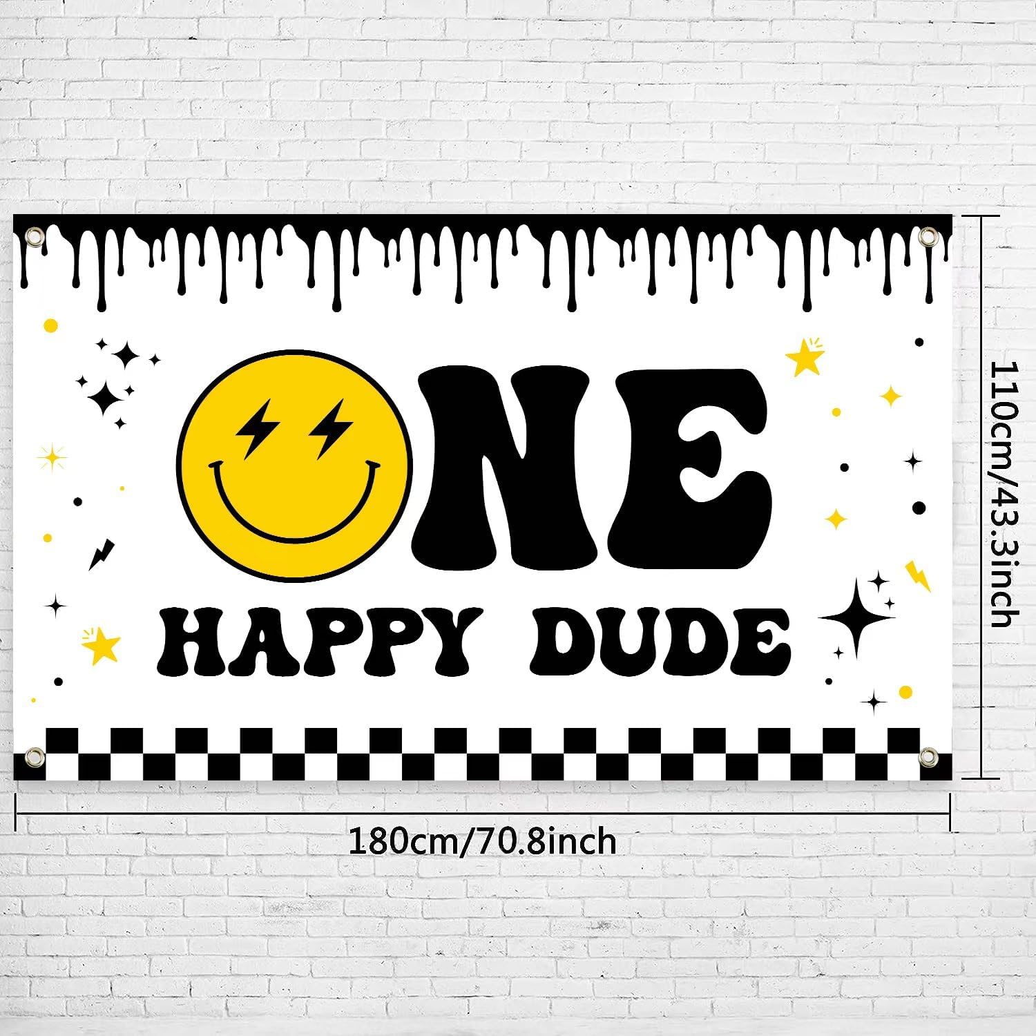 One Happy Dude Newborn Boys & Girls Birthday Banner - 1st Birthday Photo Booth Background - 70.8 x 43.3 Inch