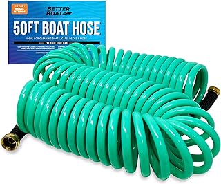 50FT Coiled Boat Hose, Expandable Coil Water Hose, Marine Grade 3/4 Inch Connectors, Perfect for RV Wash, Garden, and Marine Washdown, Self-Recoil Design, 50 Foot Length