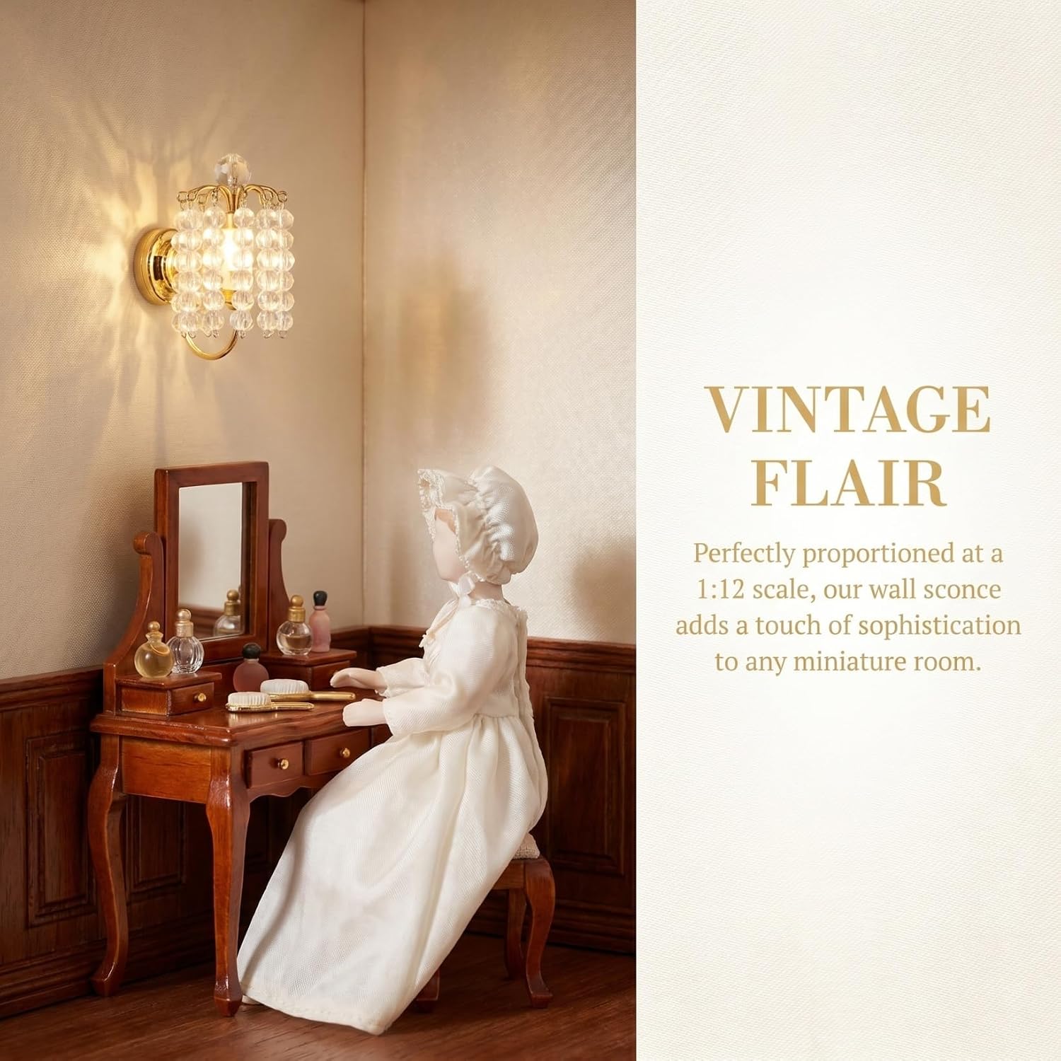 Dollhouse Wall Lamp, 1:12 Scale Battery Operated Light-up Miniature Sconce with Crystal-Like Shade, Golden Mini Led Light for Doll House Furniture and DIY Mini Museum Micro Landscape