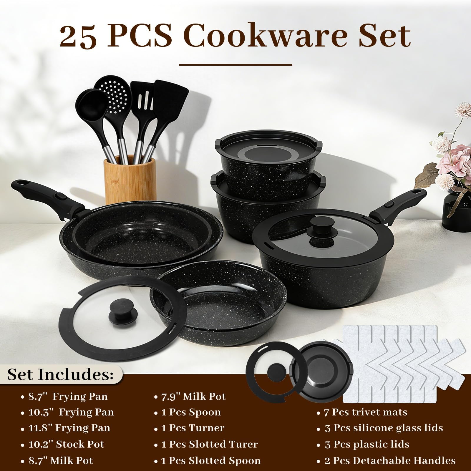 Set Pentole 25 Pezzi Induzione – Rivestimento Antiaderente Con Manico Rimovibile, Resistente Al Forno E Adatto A Tutti I Piani Cottura – Ideale Per Casa, Campeggio E Picnic (Nero)
