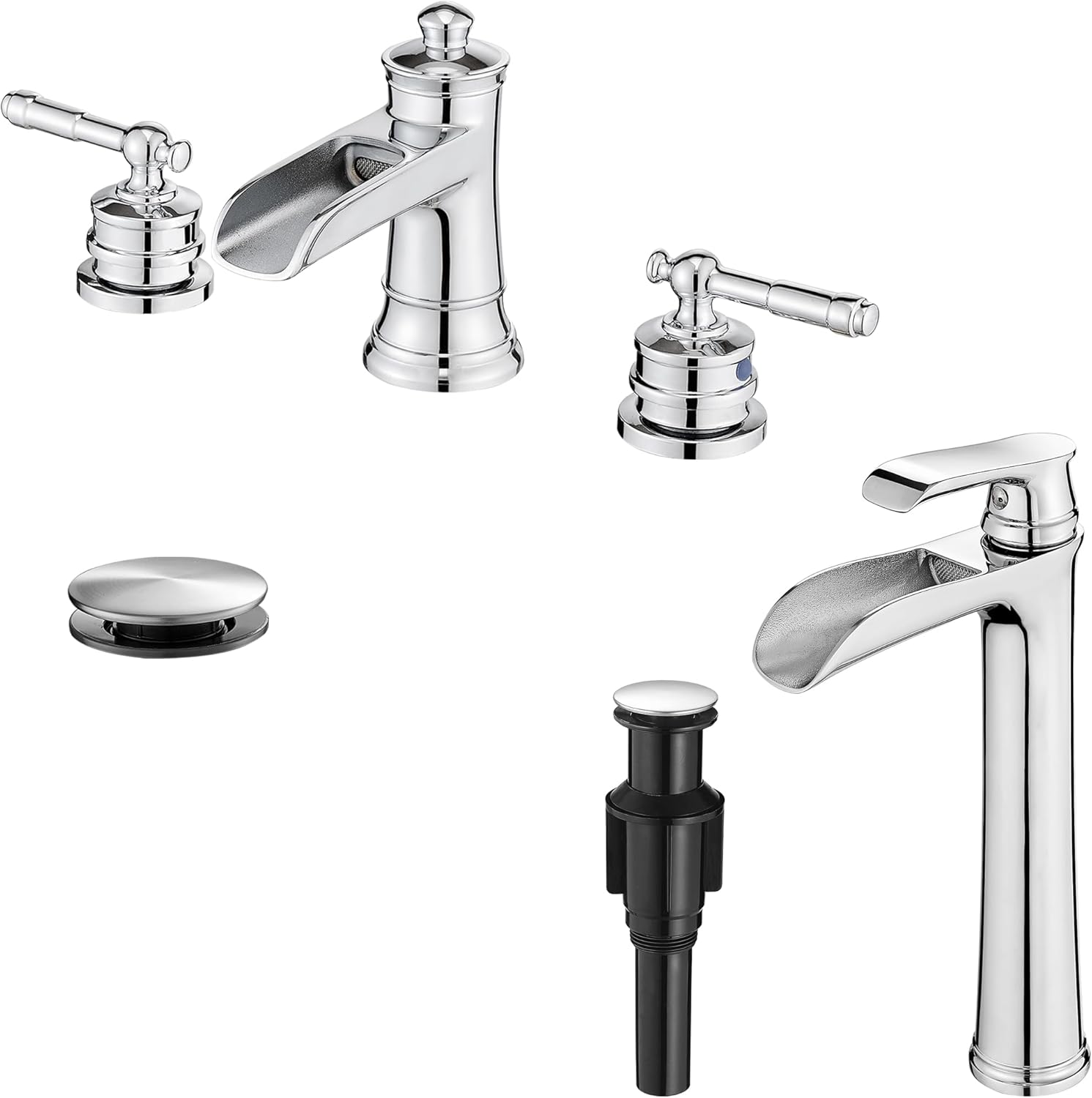 Bathroom Waterfall Faucet, Brass Chrome Bathroom Faucet 3 Hole One Handle, Vessel Sink Faucet 1 Hole, Faucet for Bathroom Sink with Pop-Up Drain & Supply Hoses for Vanity Lavatory RV Farmhouse