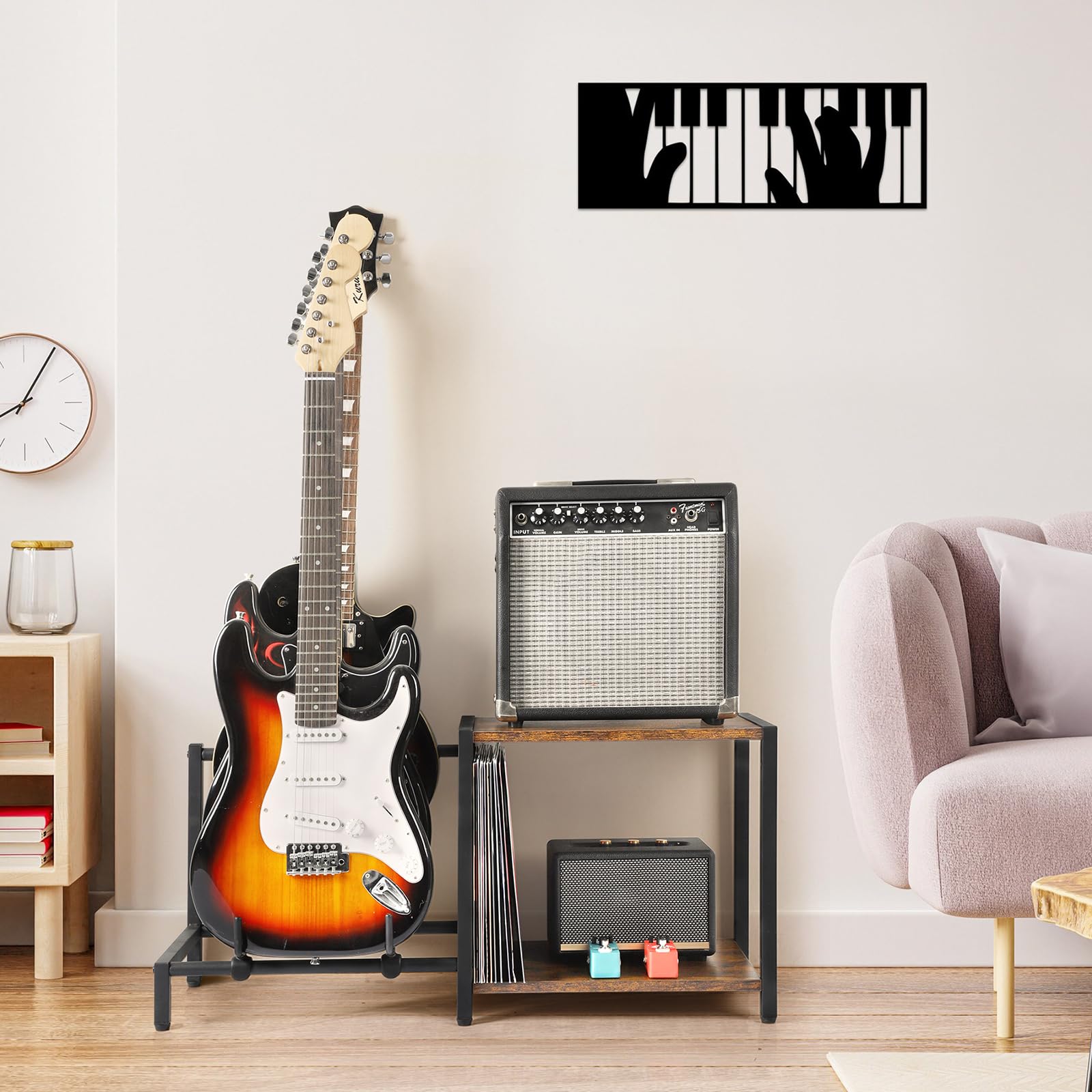 Bikoney Supporto per Chitarra a 3 Posti con Ripiano per Amplificatore, Supporto Regolabile per Chitarre Elettriche e Basso, Rack per più Chitarre e Accessori Musicali per Casa o Studio