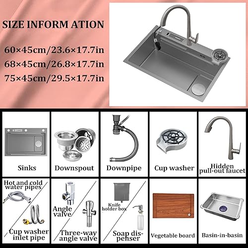 Miniatura 7 de Fregadero de cocina gris pistola fregadero de barra de acero inoxidable con grifo extraíble oculto lavadora de tazas caja de soporte de cuchillos