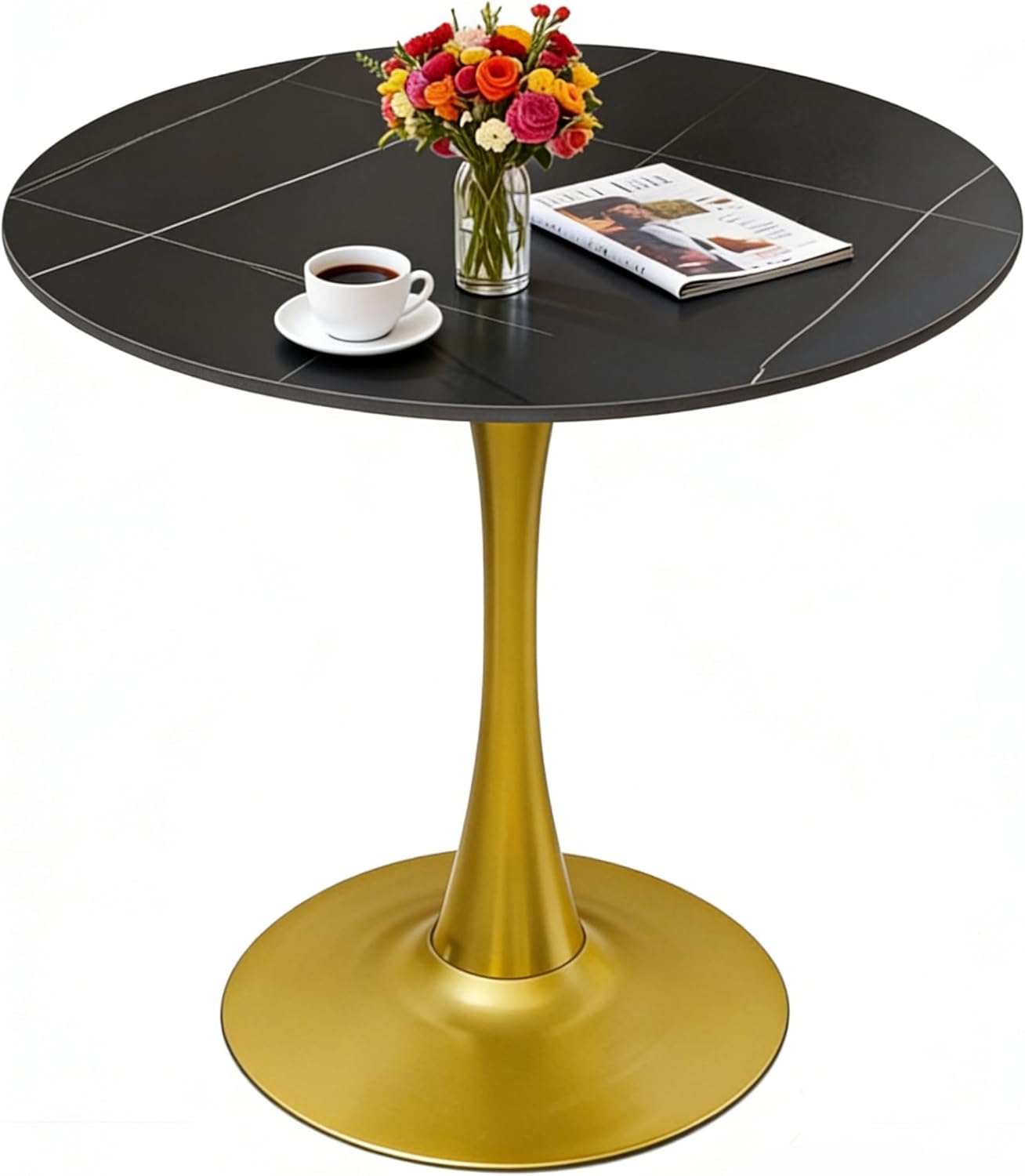 27.6" Round Dining Table with Marble Top and Iron Base - Modern & Elegant Design for Home & Restaurant Use Living Room, Café Coffee Table