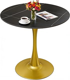 27.6" Round Dining Table with Marble Top and Iron Base - Modern & Elegant Design for Home & Restaurant Use Living Room, Café Coffee Table Gold and Black Tops