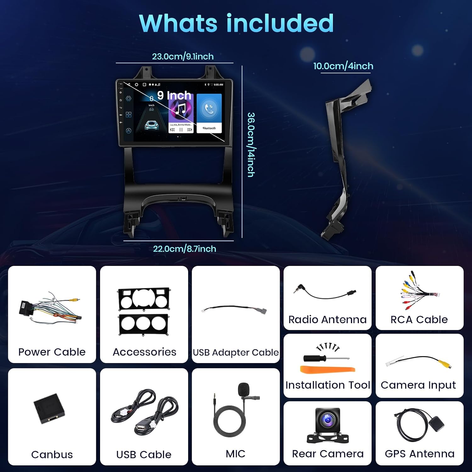 Diagram showing the dimensions of the 9-inch car radio unit and its included accessories like power cable, USB cable, radio antenna, GPS antenna, rear camera, and installation tool.
