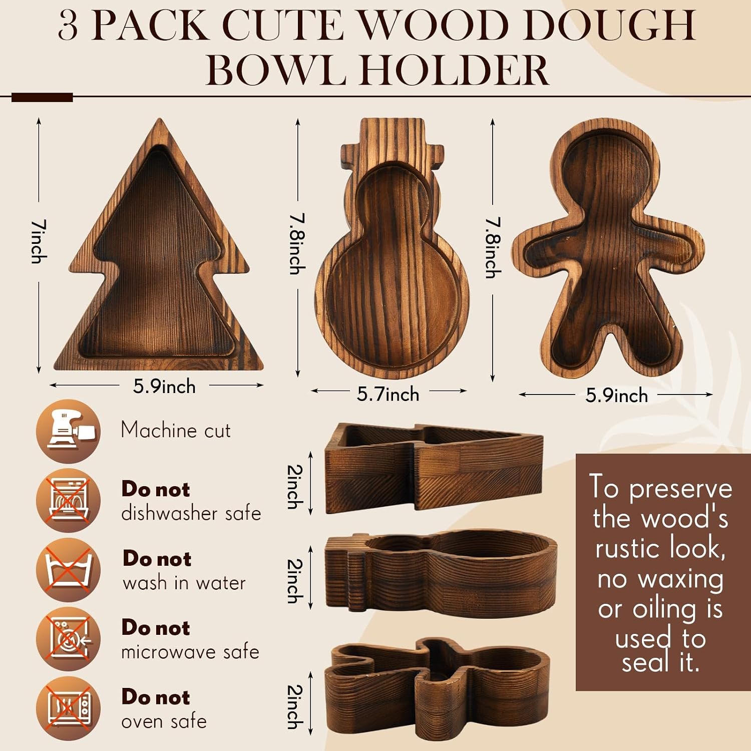 GlikCeil 3 Pack Dough Bowls Wooden for DIY Crafts Decoration Rustic Vintage Hand Carved Molds for Farmhouse Decoration House Warming Gifts(Christmas,Brown)