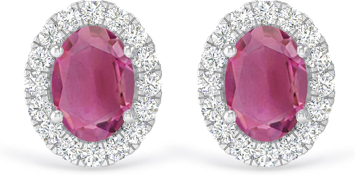 Inspereza Oval Gemstone and Round Diamond Halo Stud Earrings in 10kt Gold (6X4 MM gemstone)