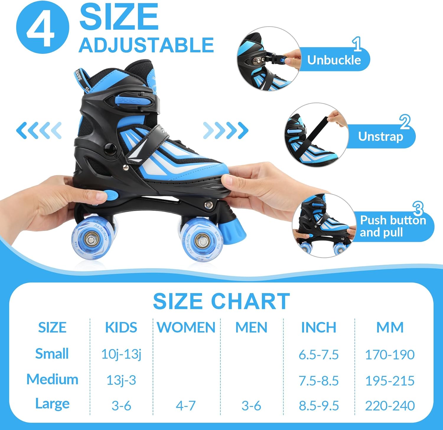PAPAISON Kids Roller Skates for Boys Girls, 4 Size Adjustable Rollerskates with Light Up Wheels for Kids Ages 4-12 - Image 3