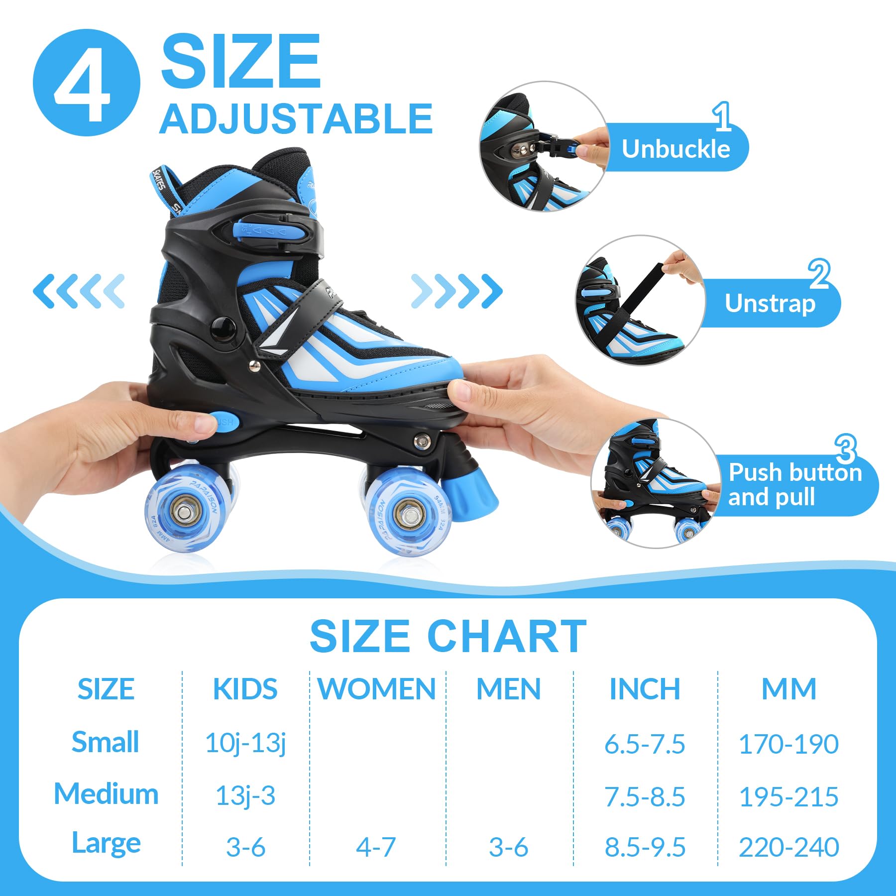 PAPAISON Kids Roller Skates for Boys Girls, 4 Size Adjustable Rollerskates with Light Up Wheels for Kids Ages 4-12