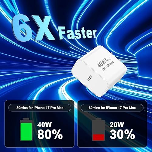 Miniatura 3 de Cargador de carga rápida para iPhone 17, 16, 15, paquete de 2 cargadores USB C de 40 W para iPhone 17 16 15 Pro Max y cable de carga tipo C de 6