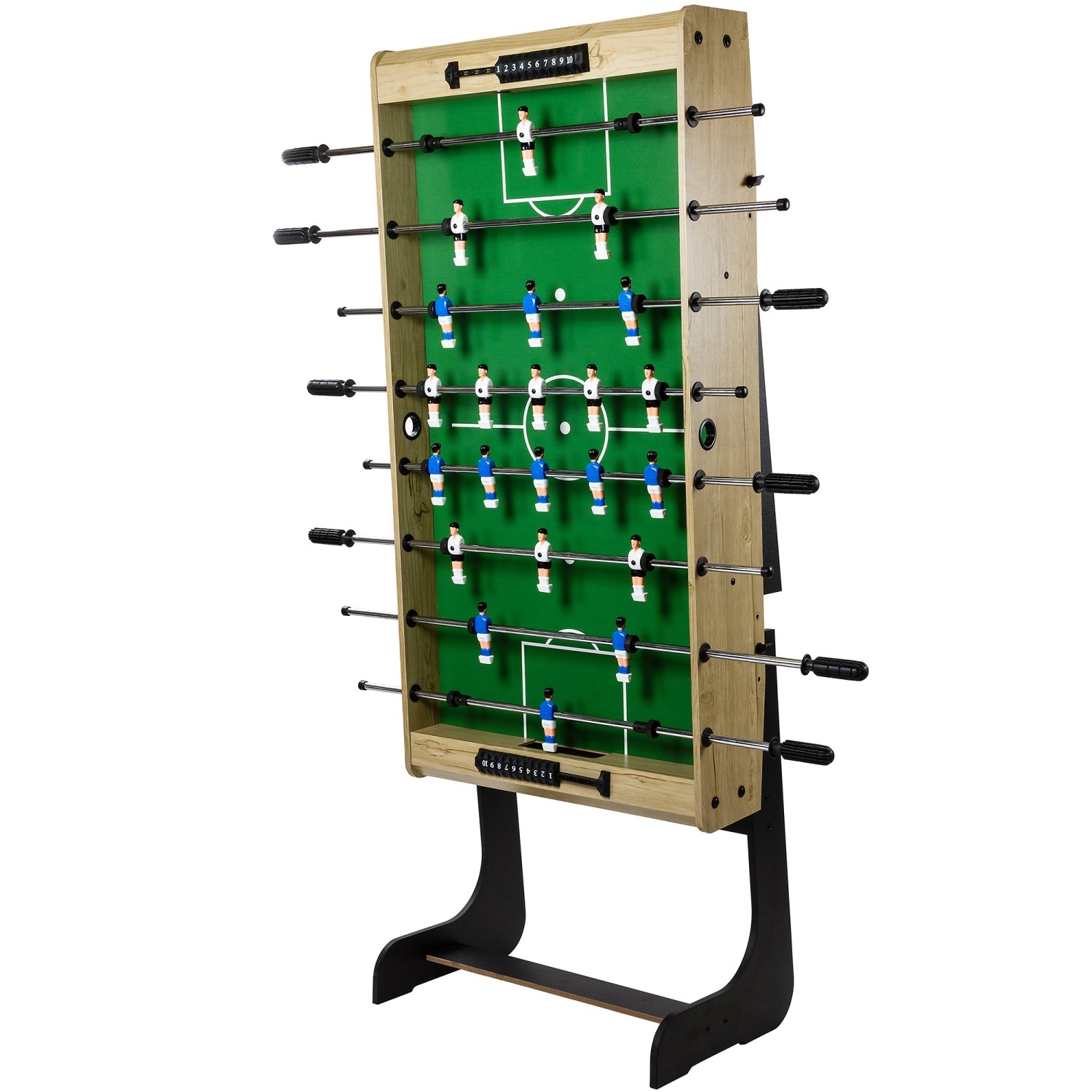 GAMES PLANET Tischfussball „Belfast“, klappbar, Farbvarianten: Schwarz/weiß/Holzdekor hell oder Dunkelbraun/Soccer, nahtlos hochgezogene Spielfeldecken, inkl. 2 Bälle, Kicker Kickertisch Tischkicker