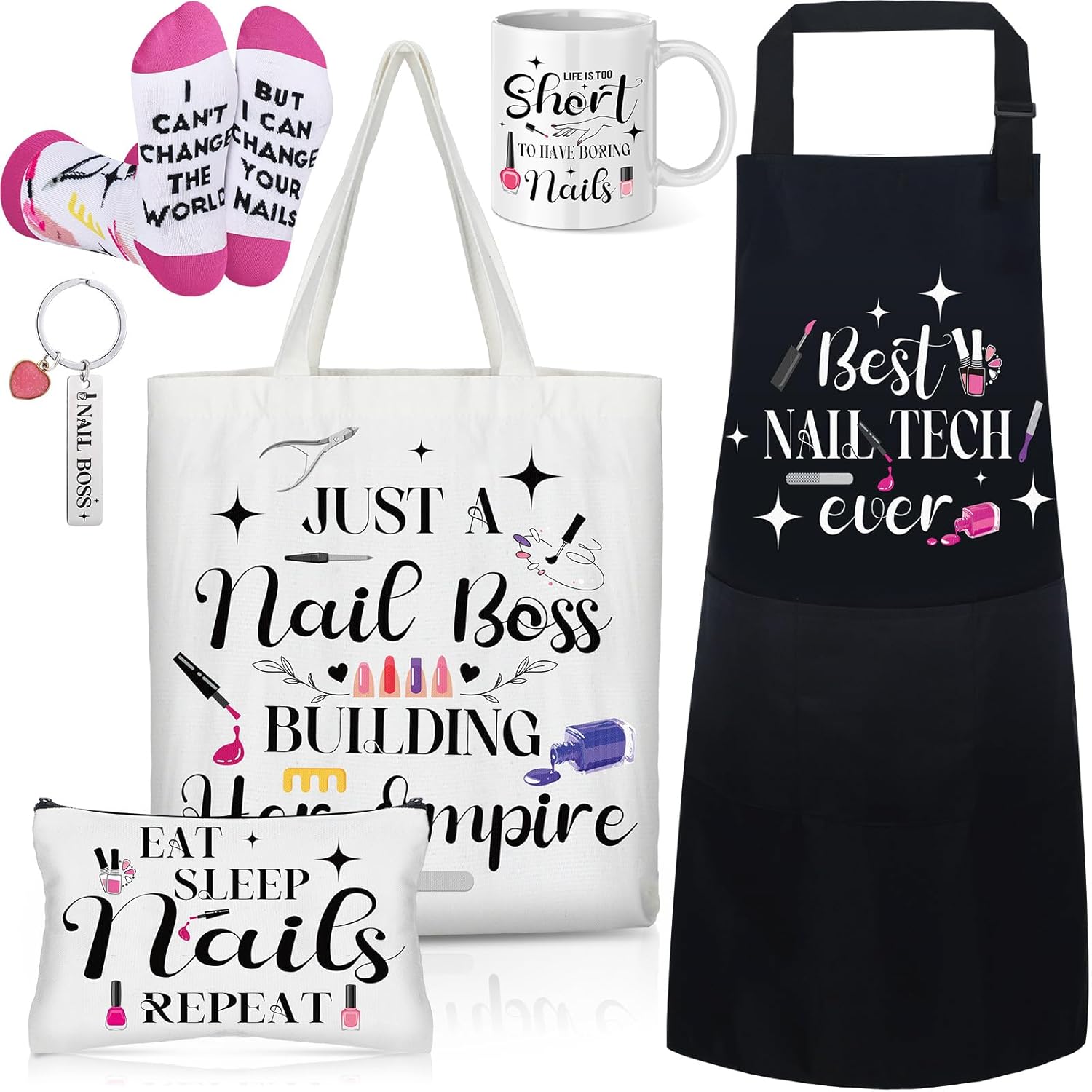 Potchen 6 Pcs Nail Technician Gift Set Include Waterproof Oil Proof Apron Mug Keychain Canvas Tote Bag Cosmetic Bag Socks for Women Nail Tech Must Haves Manicurist Art Lover Gift