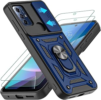 for Moto G Pure & G Power 2022, G Play 2023 - Slide Camera Cover Case with 2 HD Screen Protectors, 360 Ring Kickstand [Military Grade] Blue