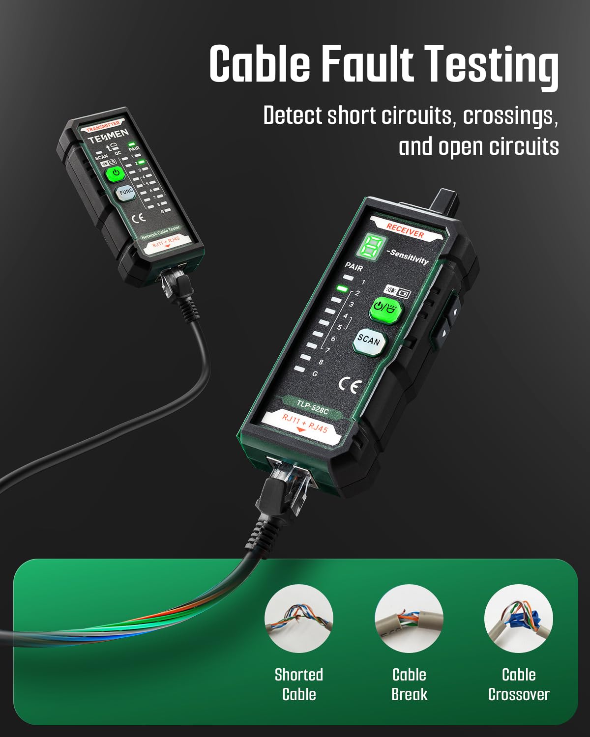 TESMEN TLP-528C Network Cable Tester, RJ11 RJ45, Ethernet Wire Tracer Toner for CAT5/CAT6 with Continuity & QC, LAN and Telephone line Finder, Suitable for Cable Maintenance and Sorting - Green