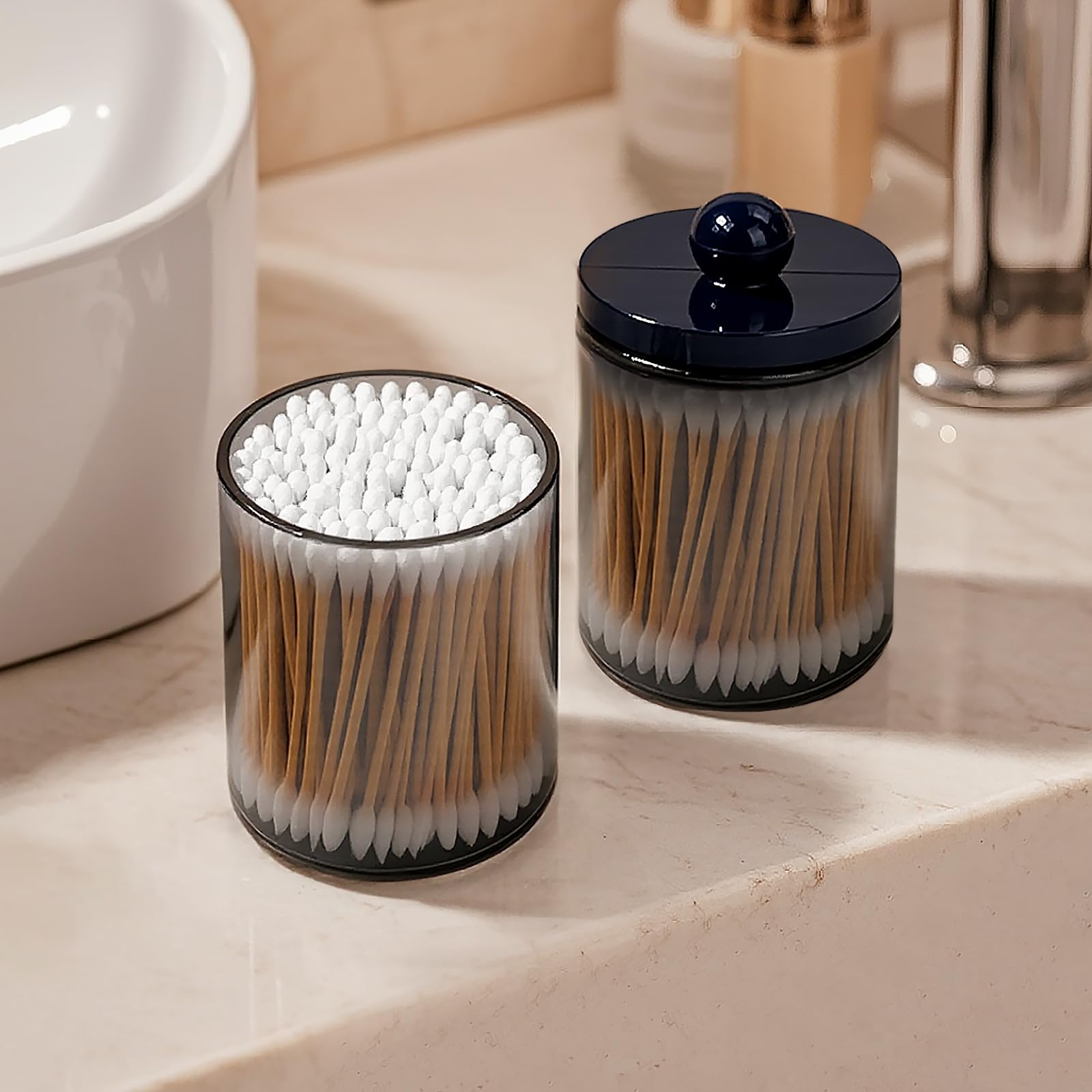Qtip-Spender-Set aus schwarzem Kunststoff, für Badezimmer, Waschtisch und Aufbewahrung, Organisation für Wattebälle, Wattestäbchen, Wattestäbchen, Zahnseide-Picker, Haarspangen, 2 Stück