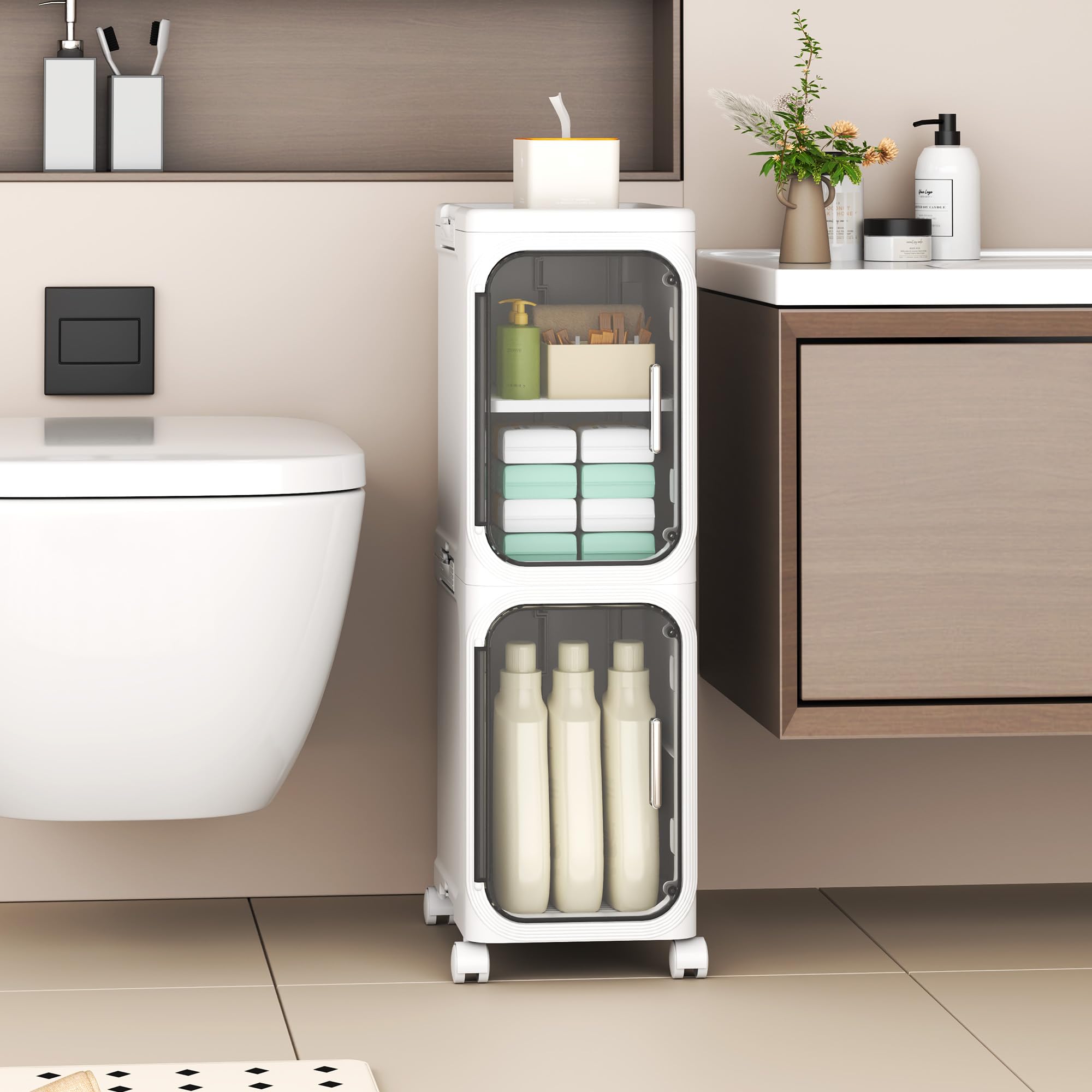 YVVVVY 20cm Bathroom Storage Cabinet, Waterproof Slim Tolilet Unit with Wheels and Removable Shelves, Freestanding Narrow Storage Floor Shelf for Small Space, Kitchen (21W*67H*34D)