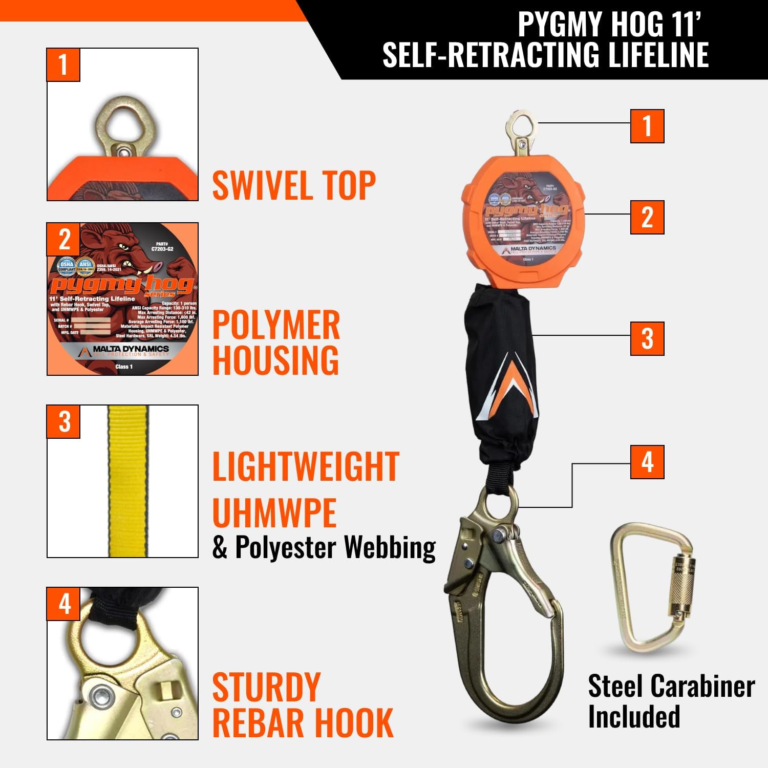 Malta Dynamics Pygmy Hog 11-Foot Self-Retracting Lifeline (SRL) – OSHA & ANSI Compliant Fall Protection Retractable Lanyard with Rebar Hook – Class 1-P, Lightweight, Durable, 310 Pound Capacity
