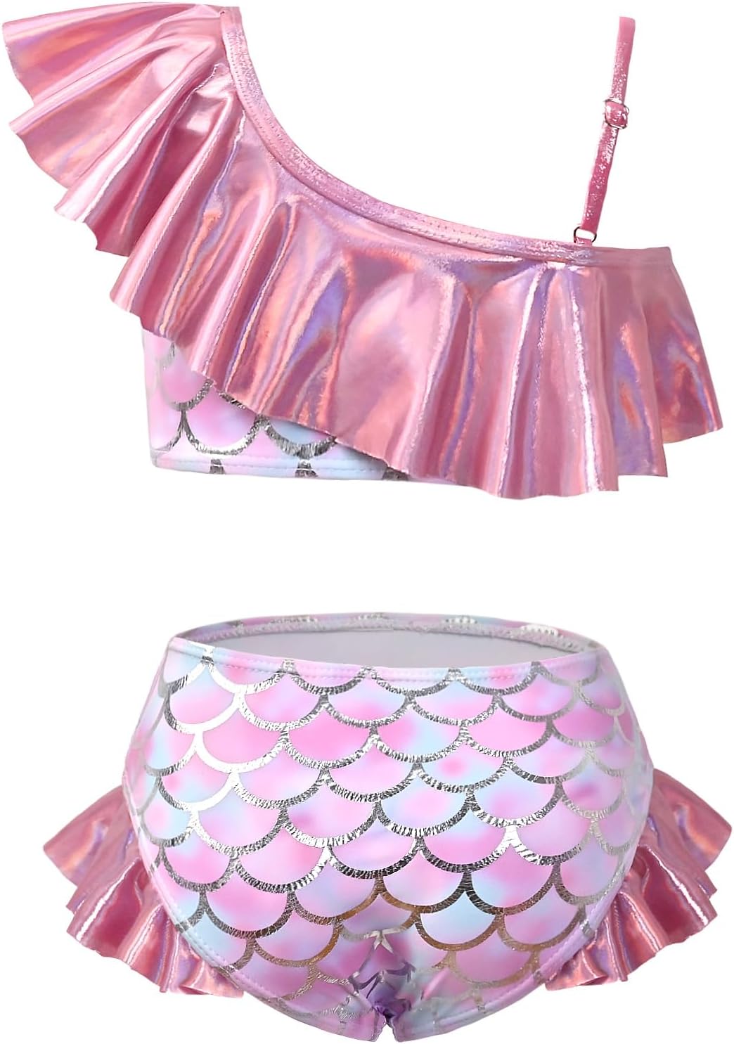 CHILDRENSTAR Girls Metallic Bathing Suits Shiny Ruffles One Shoulder 2 Pieces Swimsuits Cute Bikini Set