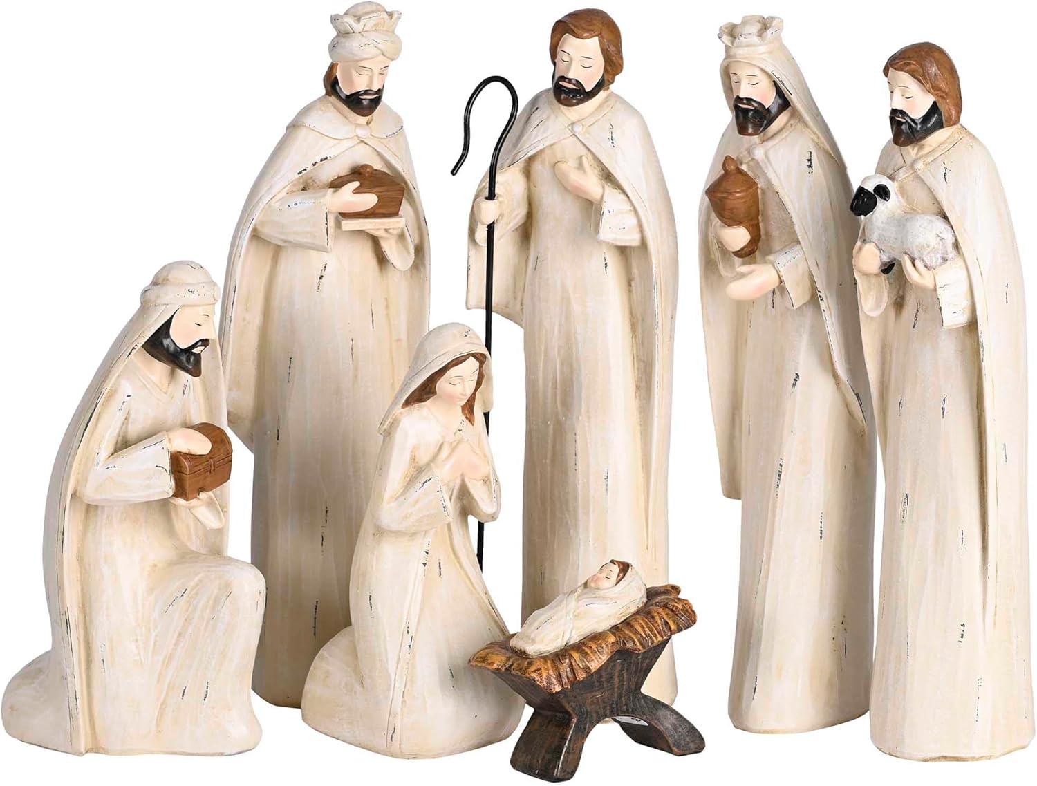 Dicksons Nativity Scene Figurines Christmas Décor 3.5 x 11.25 Inch Resin Holy Family White Carved Mock Set of 7