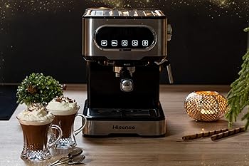 Hisense, HESCM15DBK Máquina espresso molida y compatible con ESE 44 mm, presión de 15 bar, pantalla táctil, 1100 W, plata, 27,4 x 30 x 27,2 cm3