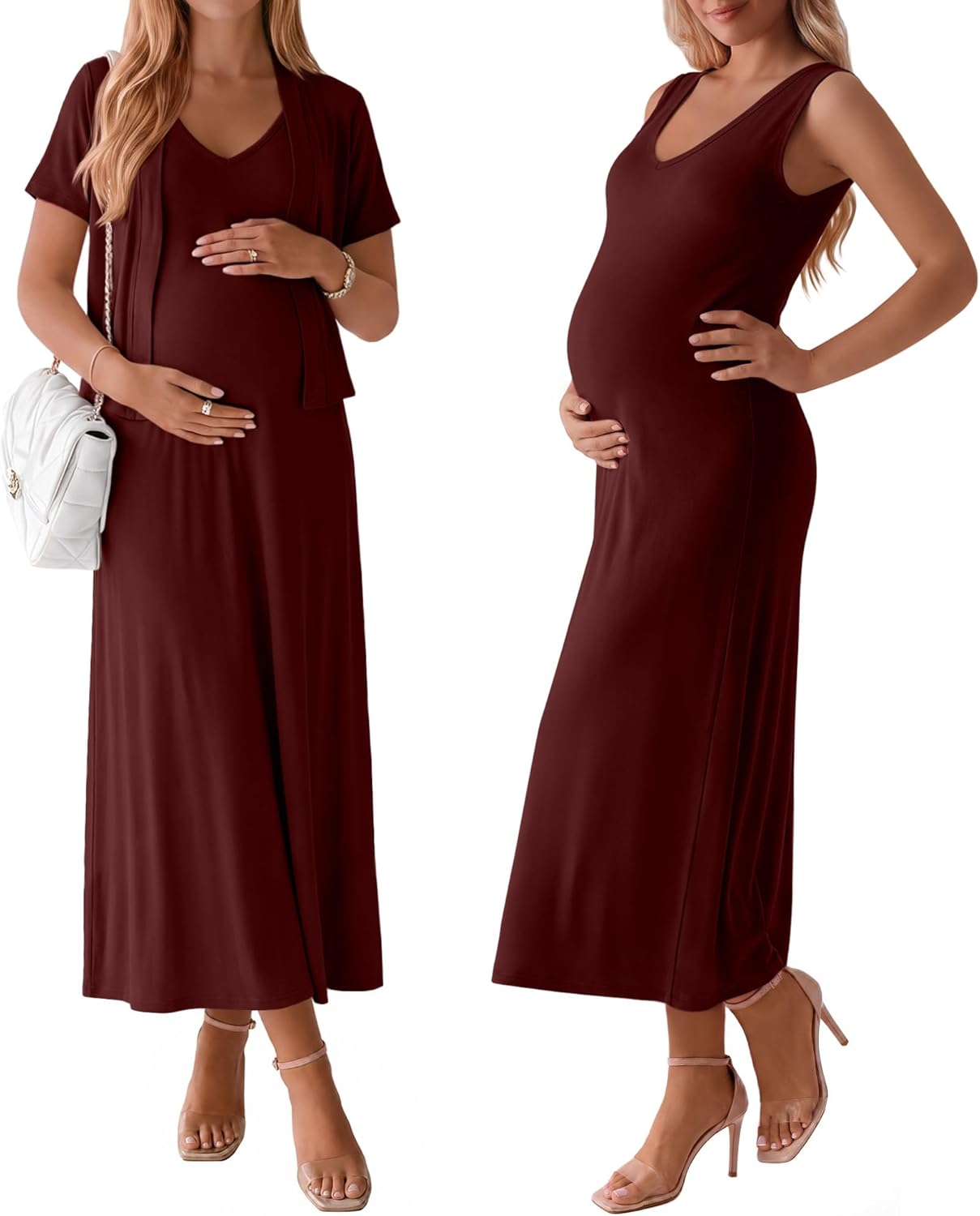 2 Piece Maternity Dress Cardigan Set Womens Pregnancy V Neck Tank Maxi Dress with Pockets for Baby Showers